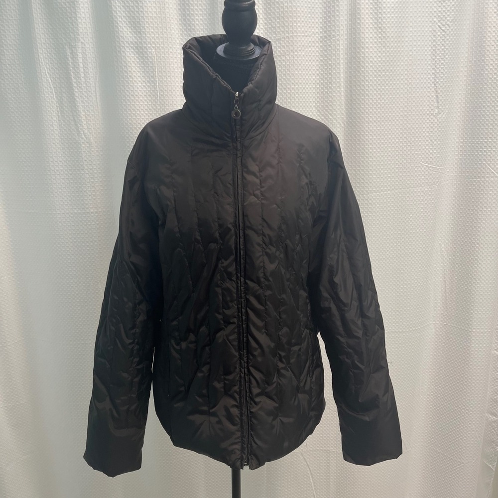 Nine West Womens XL Brown Quilted Down Puffer Jacket Funnel Neck Full Zip